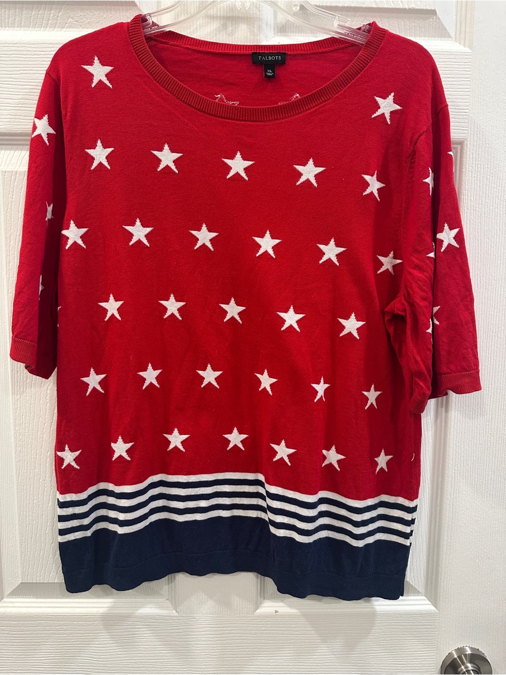 Talbots Patriotic Flag Sweater Size XL Stars Stripes July 4th Americana Stretchy